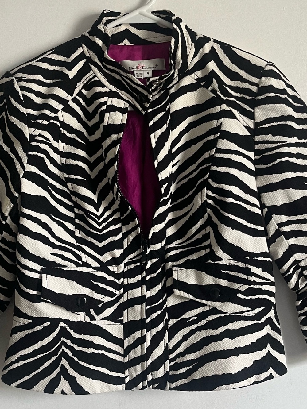 Kasper Black and White Zebra-Print Blazer with Magenta Lining